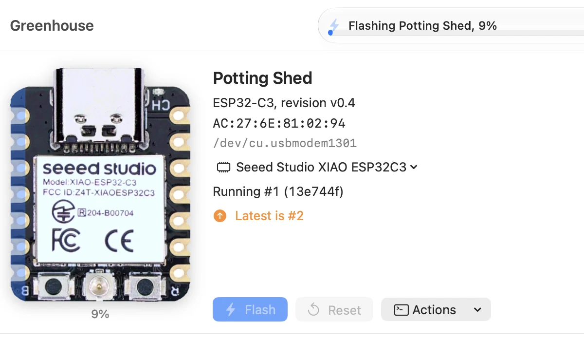 The toolbar reads Flashing Potting Shed, 9%. Potting Shed, an ESP32-C3, shows Running #1 (13e744f) and, in orange, Latest is #2.
