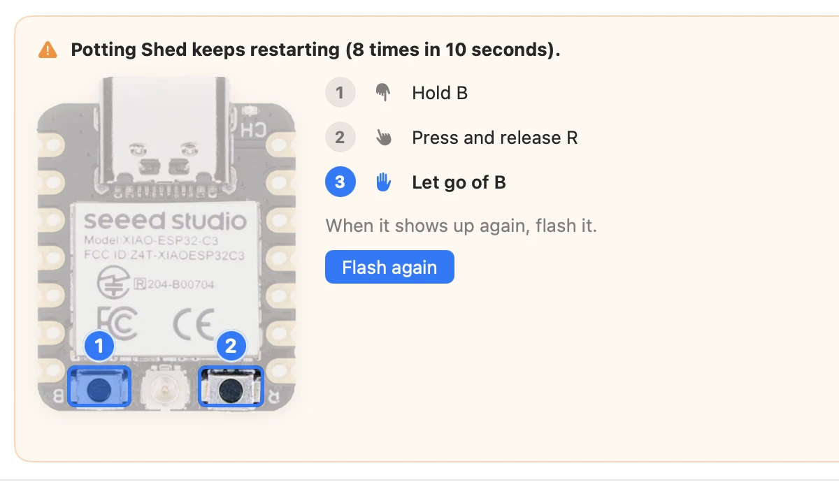 A notice: Potting Shed keeps restarting (8 times in 10 seconds). A picture of the board marks its B and R buttons beside three steps: hold B, press and release R, let go of B.