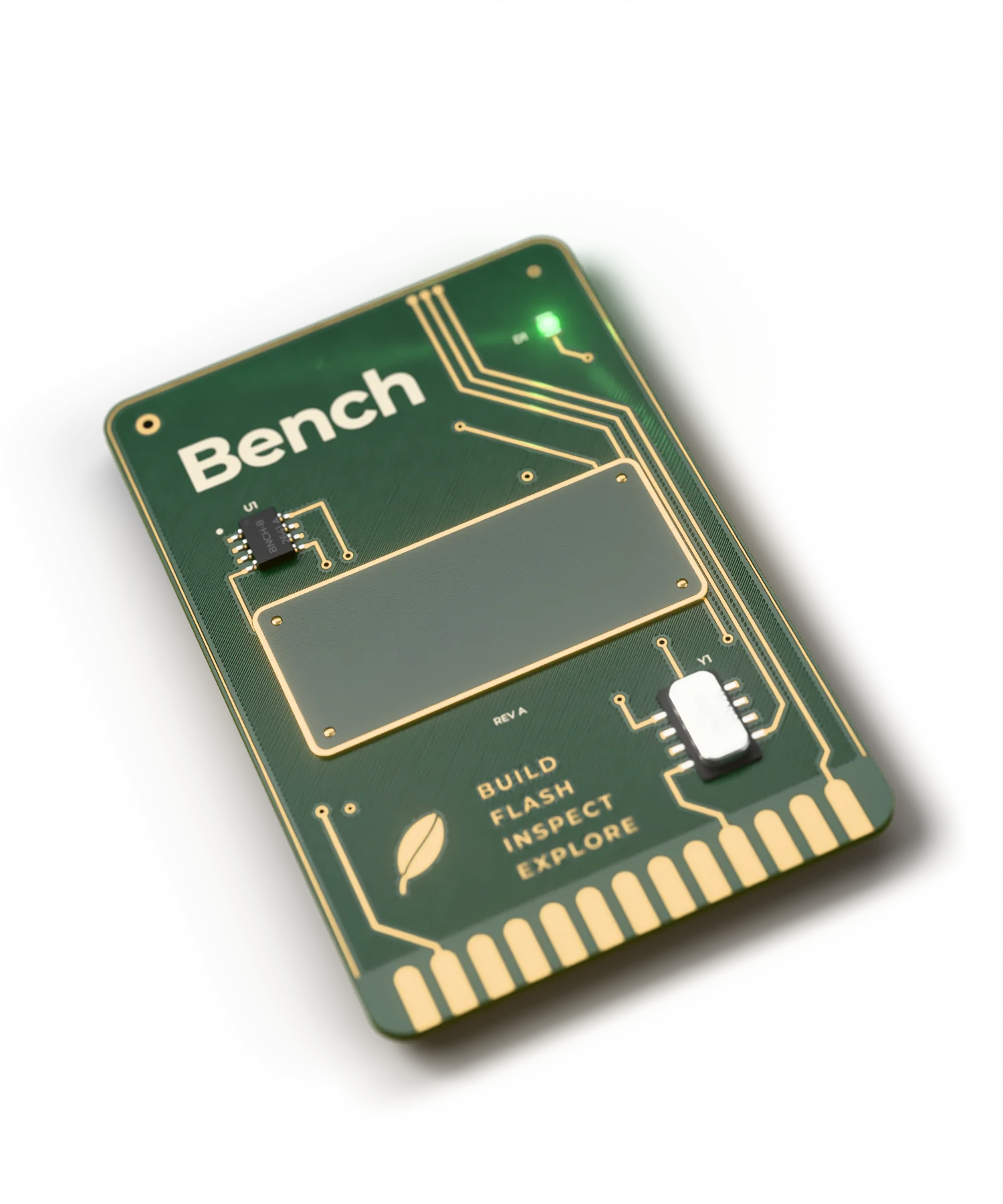 The Bench circuit pass: a green circuit board the size of a playing card, with Bench printed on it, gold traces, a chip, a metal crystal, a blank name plate and gold contacts along the bottom edge. Its green LED is lit.