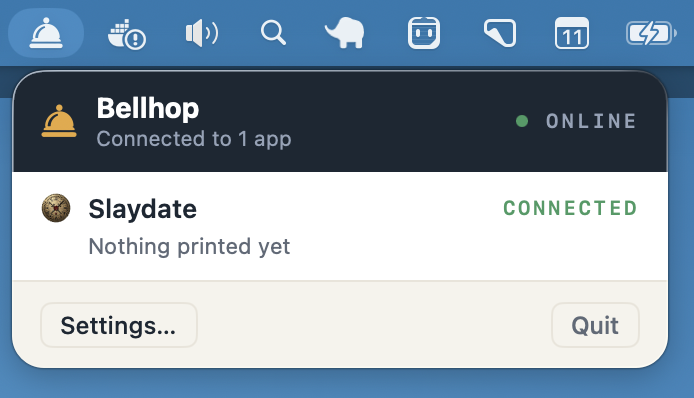 The Bellhop menu-bar agent on macOS: online, connected to Slaydate, nothing printed yet.