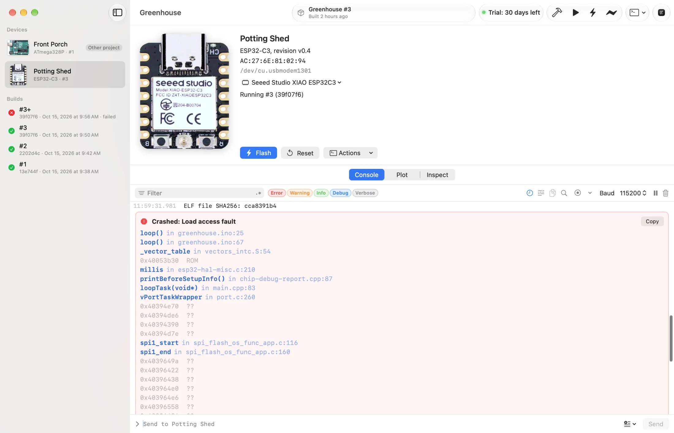 Potting Shed's console with a red card, Crashed: Load access fault, and the backtrace decoded beneath it, starting at loop() in greenhouse.ino:25. The sidebar lists builds #3+, which failed, #3, #2 and #1.