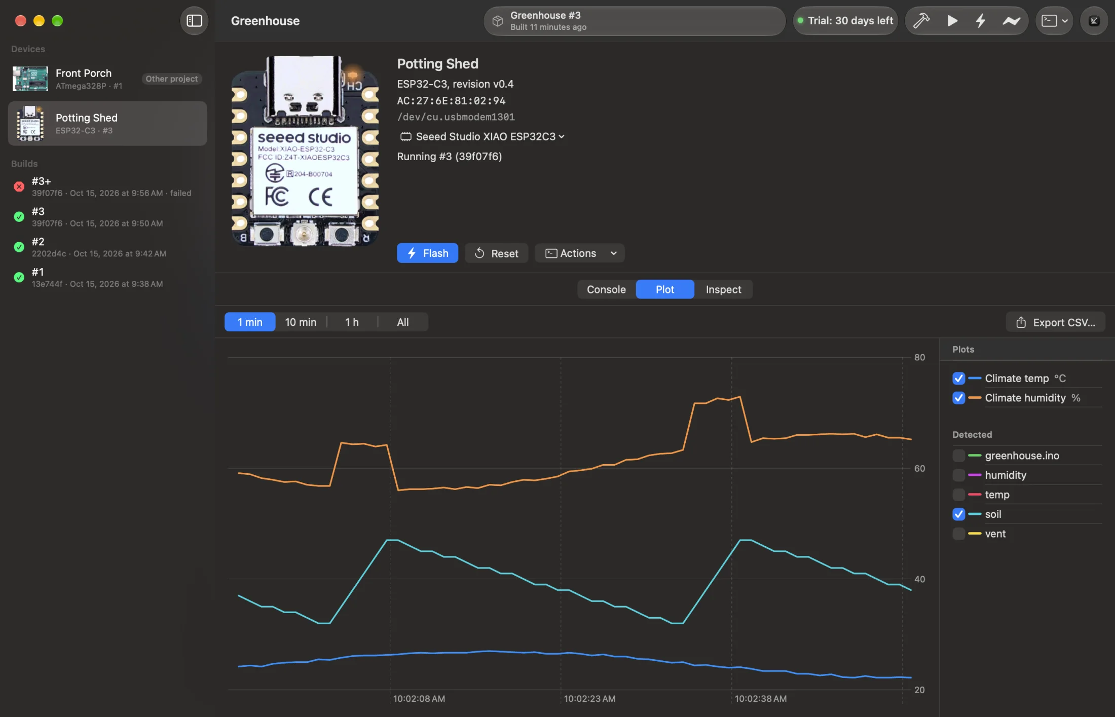 Bench in dark mode, showing Potting Shed's Plot tab: temperature, humidity and soil over the last minute, with the values Bench found in the log listed beside it.