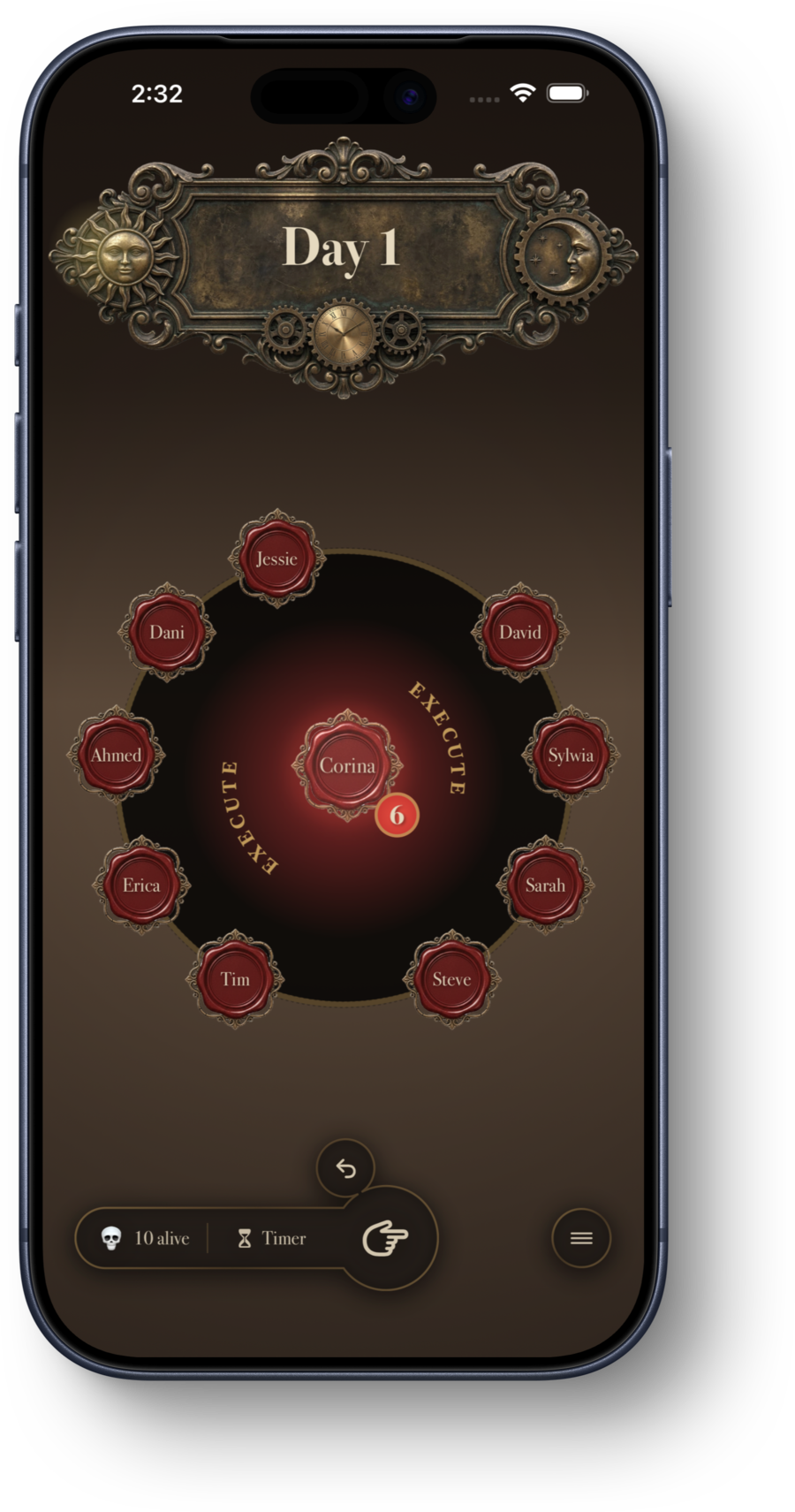 The vote: an execute dial around Corina showing six votes.