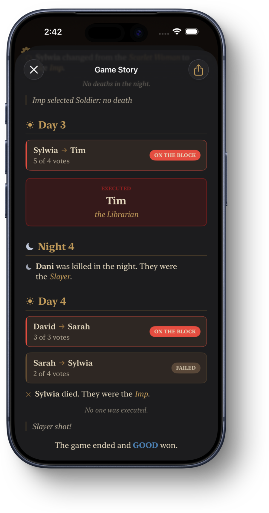 The game story: days and nights with every nomination, vote count, execution, and death written up.