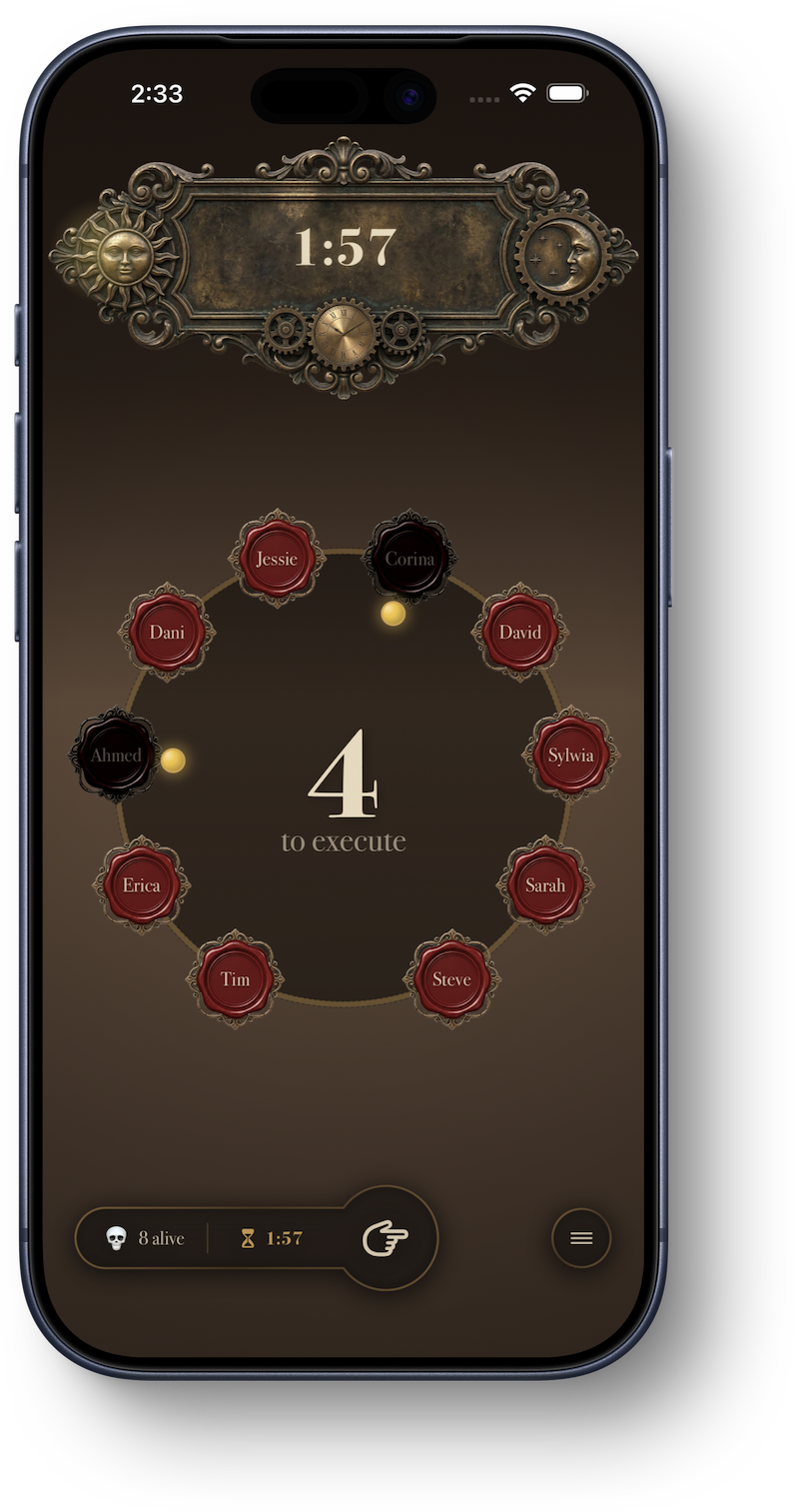 A discussion timer at 1:57 with four votes needed to execute; dead players keep a final gold vote token.
