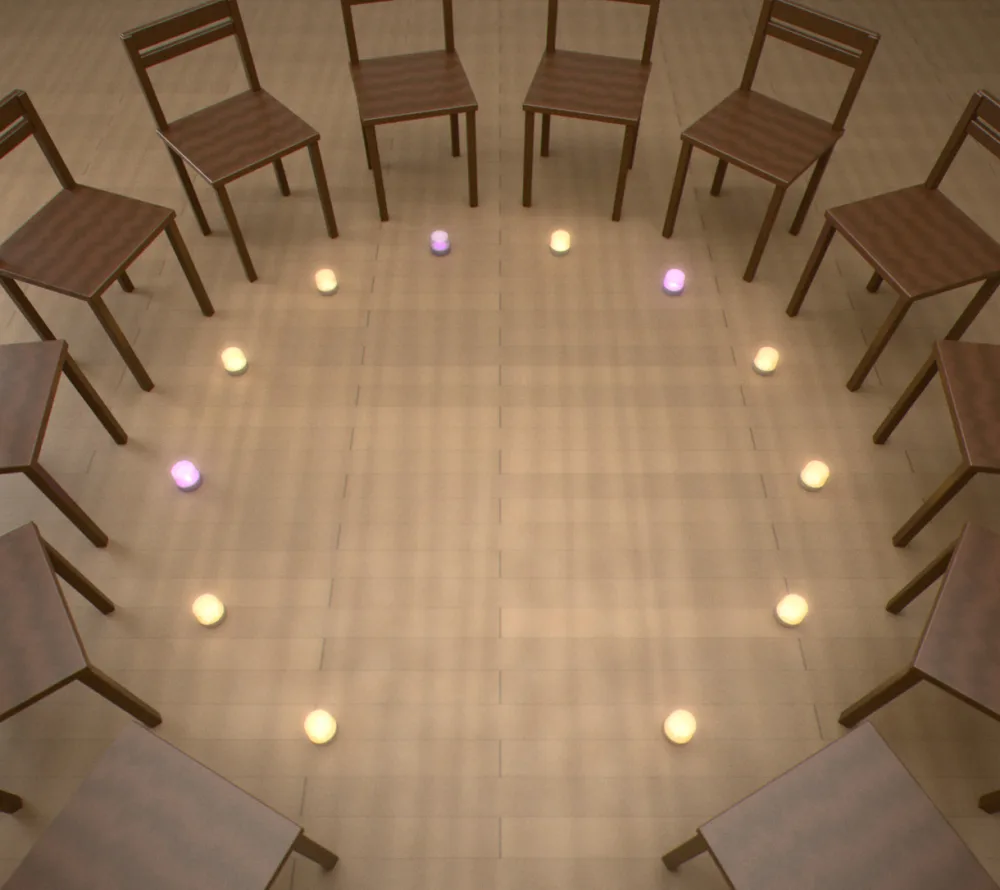 A circle of chairs seen from above, a shroud on the floor by each: nine glowing like candles, three purple.