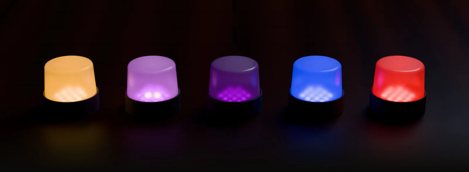 Five shrouds in a row: an amber candle, purple with two white points, dark purple, blue, and red.