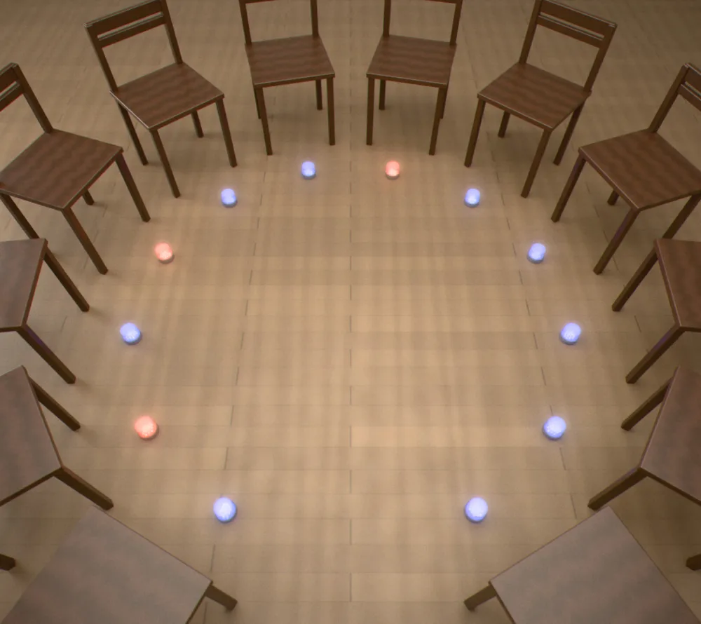 The same circle at the reveal: nine shrouds glowing blue and three red.