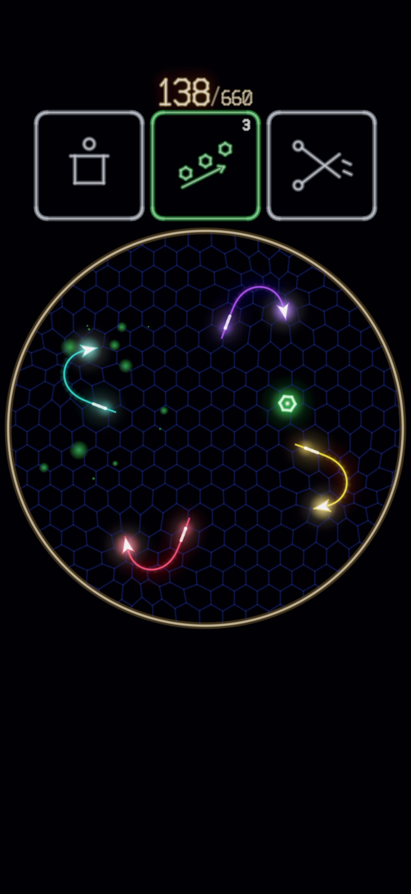 IV mid-run: four neon threads curving inside a circular hex arena, a whorl waiting, upgrade slots filled.