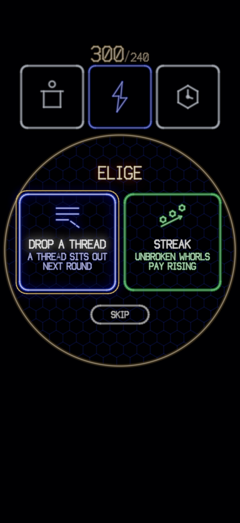 The deal after a level: two glowing cards, Drop a Thread and Streak, with a skip button.