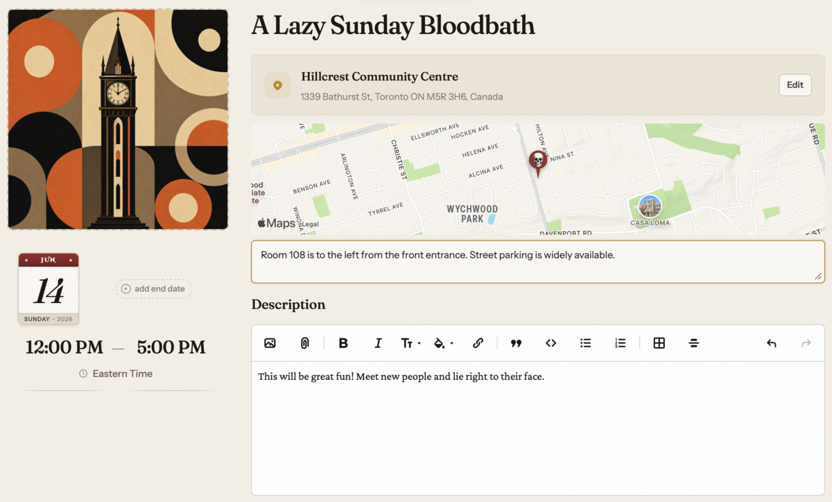 The Slaydate event editor: A Lazy Sunday Bloodbath at Hillcrest Community Centre, with event artwork, a map, times, and a description.