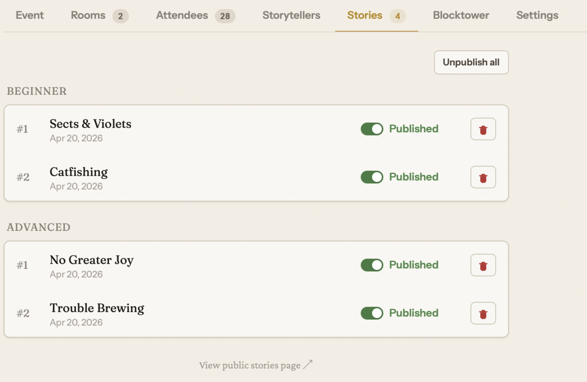The stories screen: published game write-ups for each room, one publish toggle each.