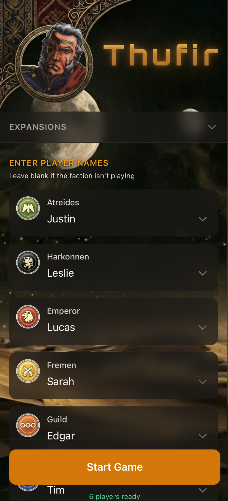 Thufir's setup screen: six Dune factions with player names filled in, ready to start.