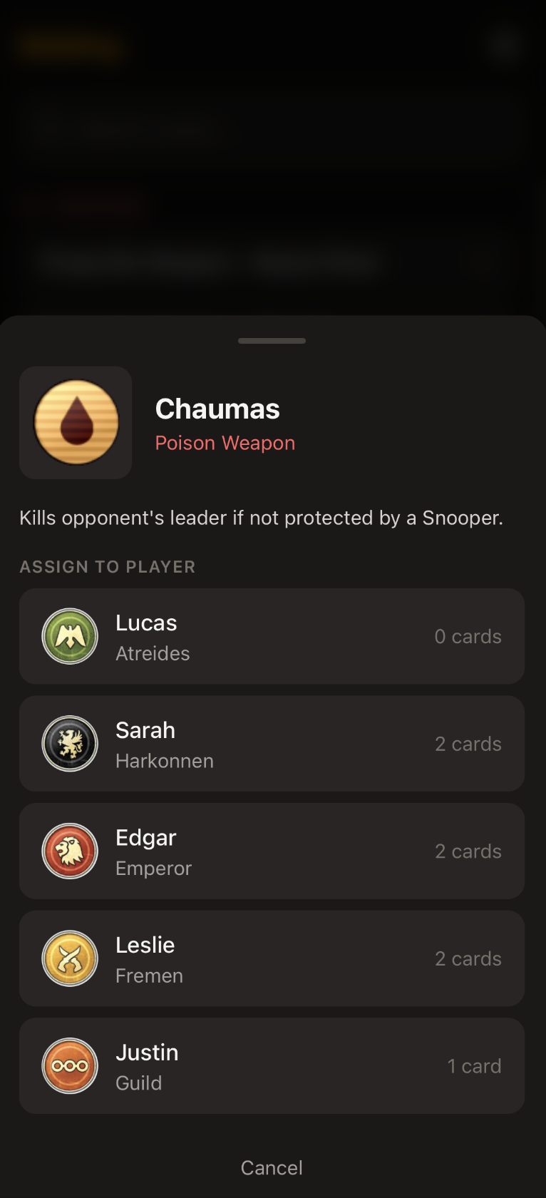 Assigning Chaumas, a poison weapon, to the player who won the bid.