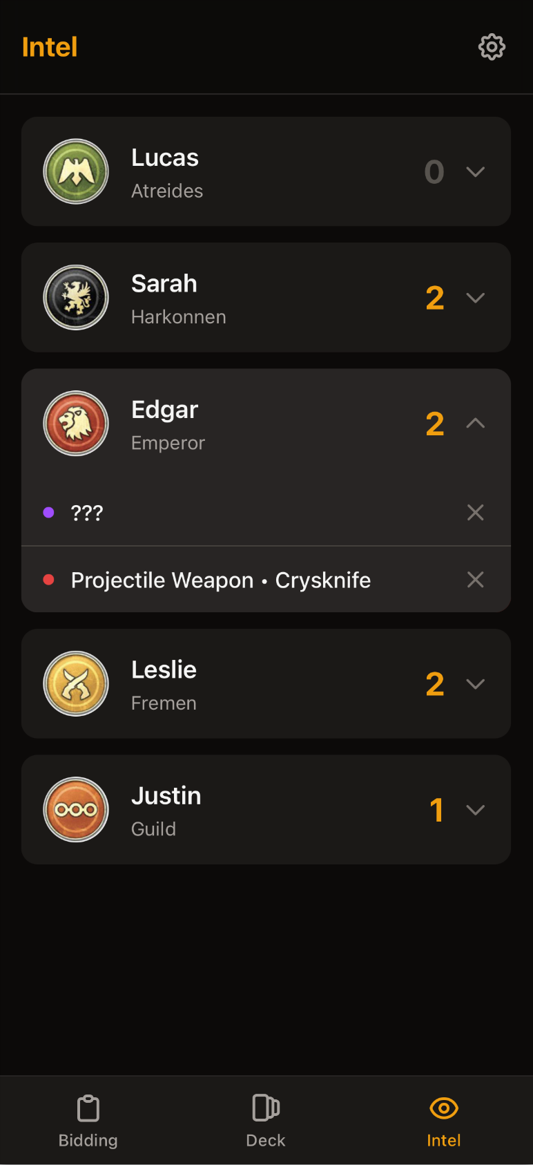 The Intel tab: each player's known hand, including a ??? entry for an unseen card.
