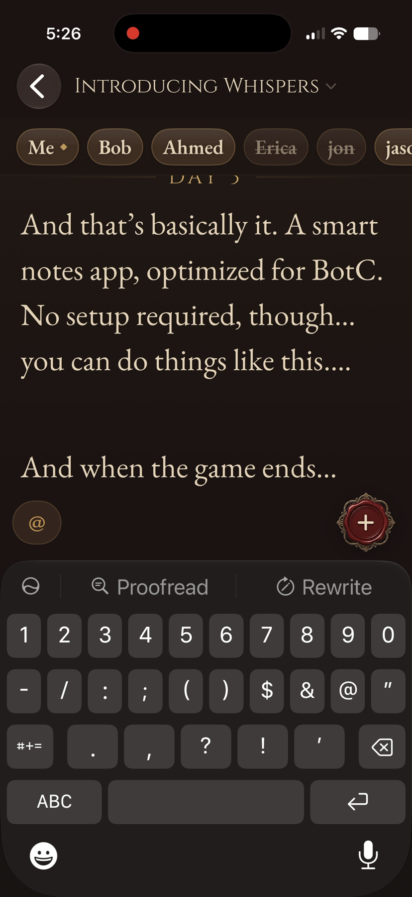 Whispers mid-game: a note stream with role names and player mentions highlighted in colour.